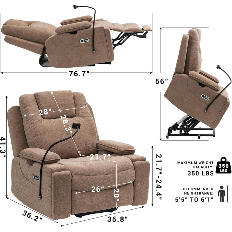  Oversized Recliner Power Lift Chair for Elderly, Dual Motor Power Recliner Sofa, 350lbs Heavy Duty Seat with 4D Arms, Full Flat Positioning, USB Ports, Phone Slot, Hidden Storage, Brown