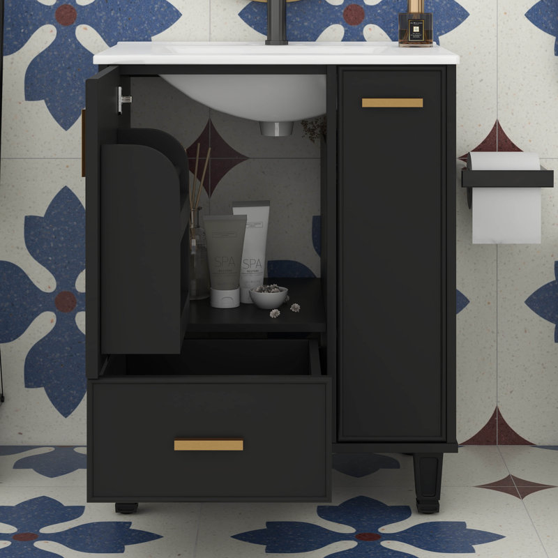 Meuble-lavabo 24 po avec lavabo en céramique, meuble-lavabo avec plateau, tablette de porte, tiroir profond, panier coulissant à 2 niveaux
