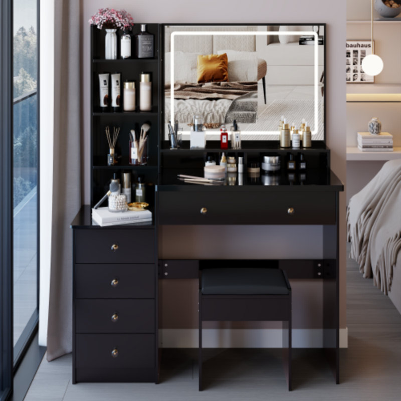 41" Large Left-Sided Vanity Set With LED Mirror & Cushioned Stool – Touch Control, 3-Color Lighting, Multi-Layer Storage – Modern Dresser For Spacious Bedrooms