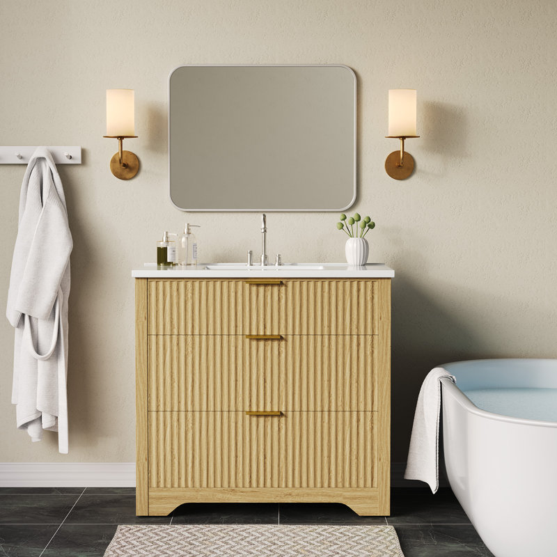 Fluted Bathroom Vanity with Sink, Farmhouse Freestanding Bathroom Sink Cabinet, 36", Natural