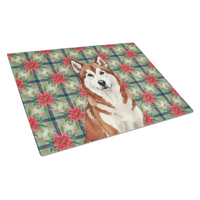 Red and White Alaskan Malamute Christmas Poinsettas Glass Cutting Board