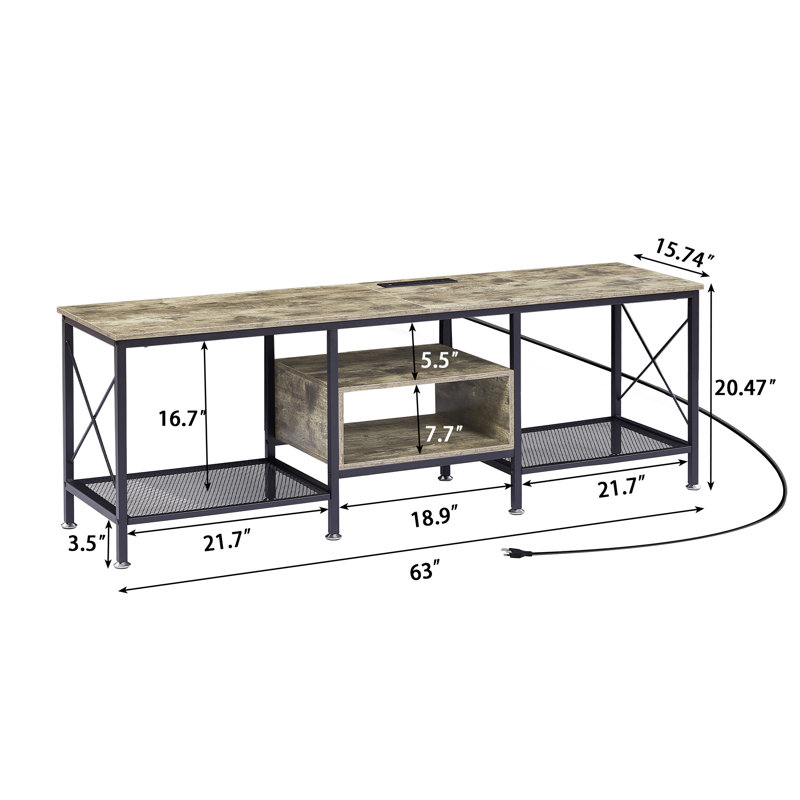 Meuble télé Pridgen pour téléviseur de 65 po avec prises de courant, centre de divertissement gris rustique avec tablettes de rangement ouvertes pour téléviseurs de 65 po ou moins, console média industrielle avec station de charge pour le salon, la chambre à coucher et l’appartement