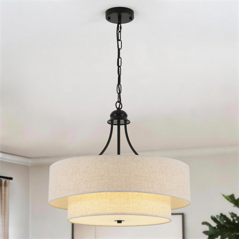 Lustre tambour de ferme moderne 6 lumières 21,65 po avec abat-jour en lin beige pour îlot de cuisine