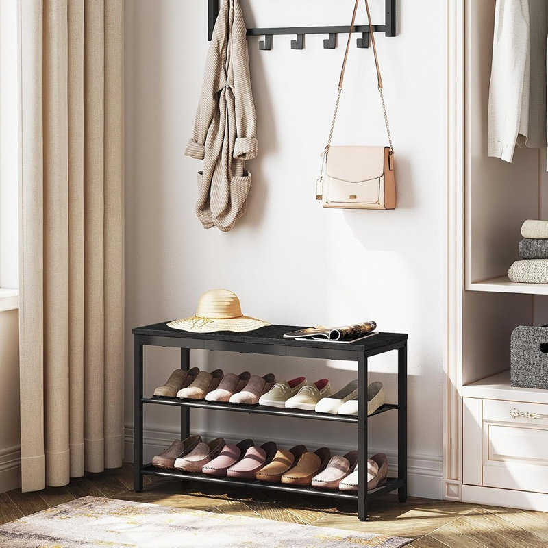 Banc de rangement à chaussures à 3 niveaux, organisateur de hall d'entrée industriel 29,5 po avec tablettes en filet, banc à chaussures pour couloir et salon, noir