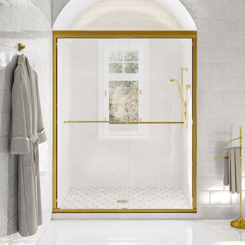 Strada 56 - Porte de douche coulissante sans cadre 60 x 76 po en verre trempé transparent 3/8 po, Or satiné