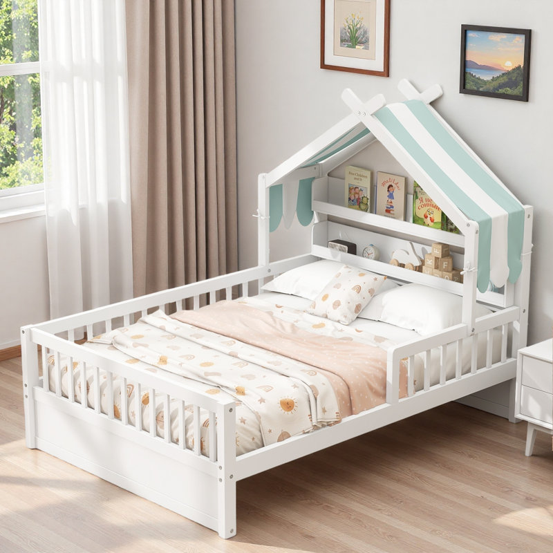 Lit maison en bois avec tablettes de tête de lit, Twin, White