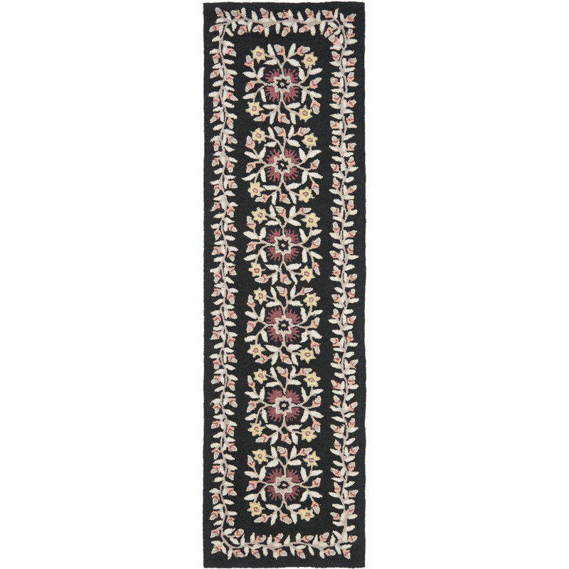 Tapis noir/gris/rouge en laine touffeté à la main Folklore, Tapis de couloir 2 pi 3 po x 8 pi