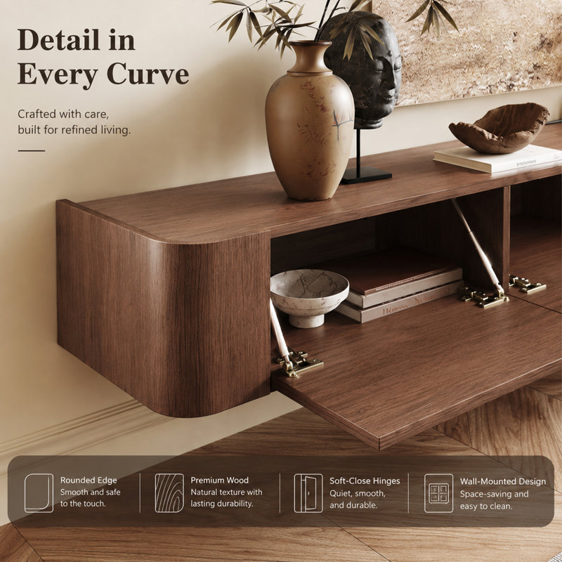 Wall mounted TV cabinet made of brown wood with three drawers