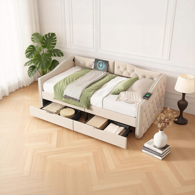 Lit de jour rembourré avec tiroirs de rangement, Beige