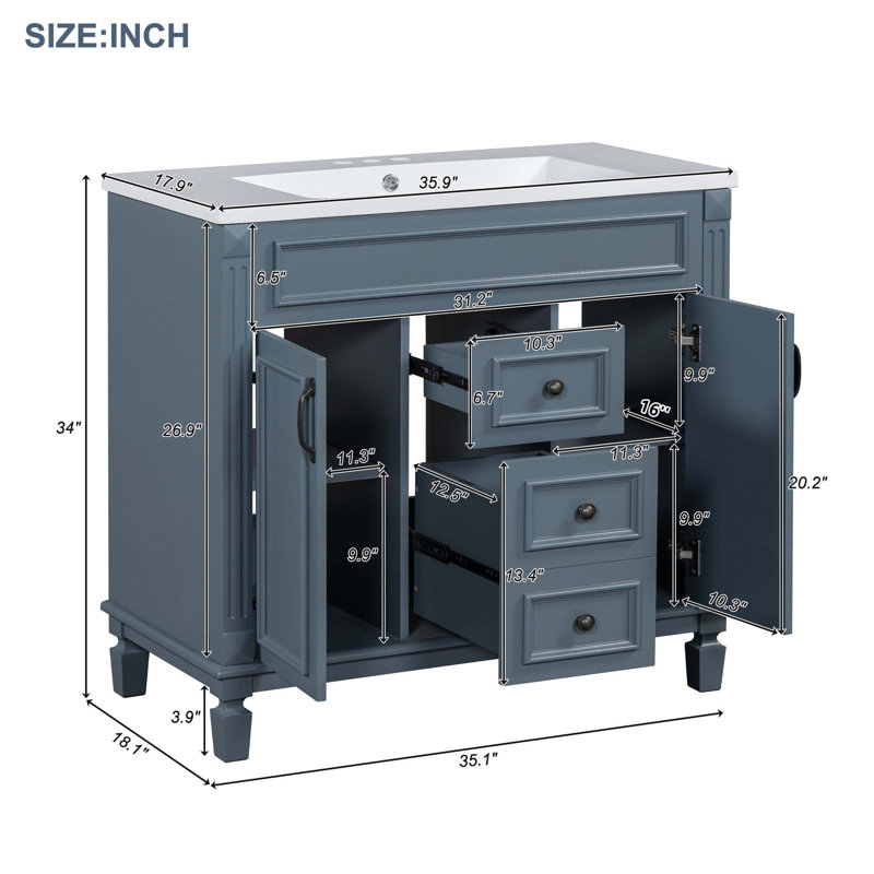 Meuble-lavabo moderne 36 po avec lavabo supérieur, Bleu