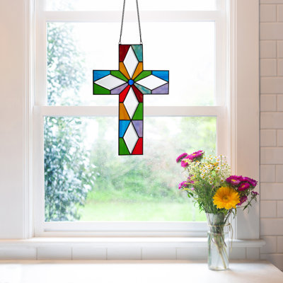 15"H Tiffany-Style Cross Stained Glass Window Panel