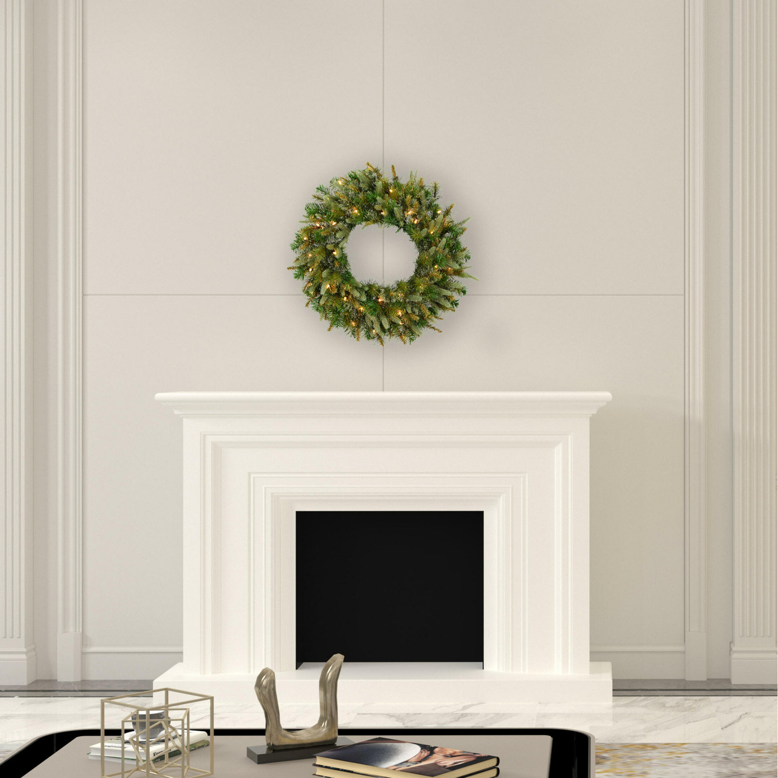 Cashmere Pine 24" Pre-Lit Mixed Christmas Wreath, 24" H x 24" W x 3" D, Warm/Clear Lights