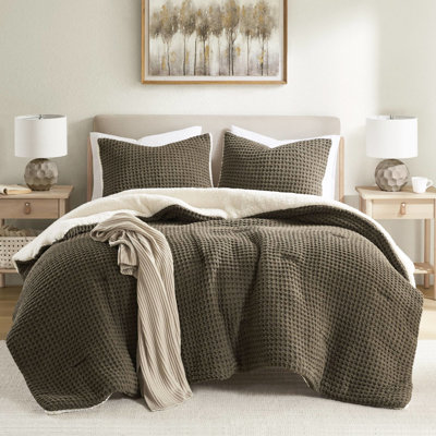 Édredon pour lit simple en chenille tricotée gaufrée, rembourrage et 2 taies décoratives, revers, lavage en machine, rembourrage en mélange de gris brun, dossier assorti, lavable, profond