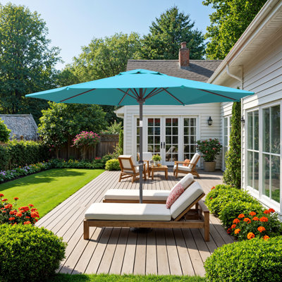 10' Outdoor Umbrella with Sky Blue Polyester Fabric, Patio Umbrella with Steel Ribs Market Table Umbrella with Push Button Tilt and Crank UV Protection Waterproof