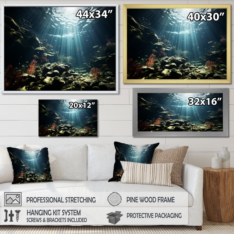 Impression sur toile Deep Light On Coral Hidden Treasures I, 12" H x 20" W x 1" D, Cadre flottant doré