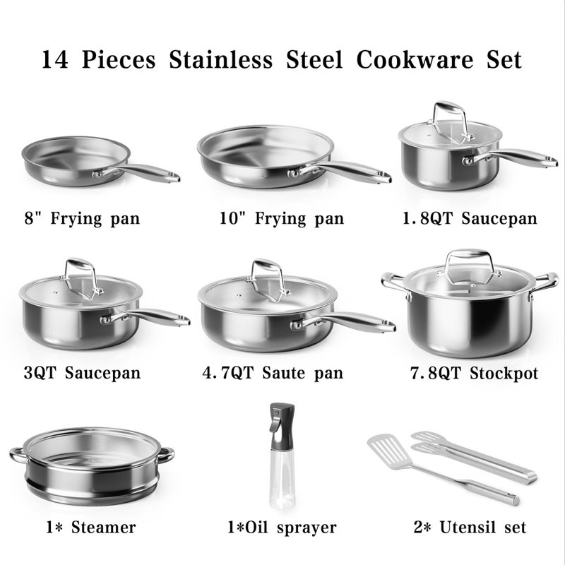 14 - Piece Non-Stick Stainless Steel Cookware Set, Silver