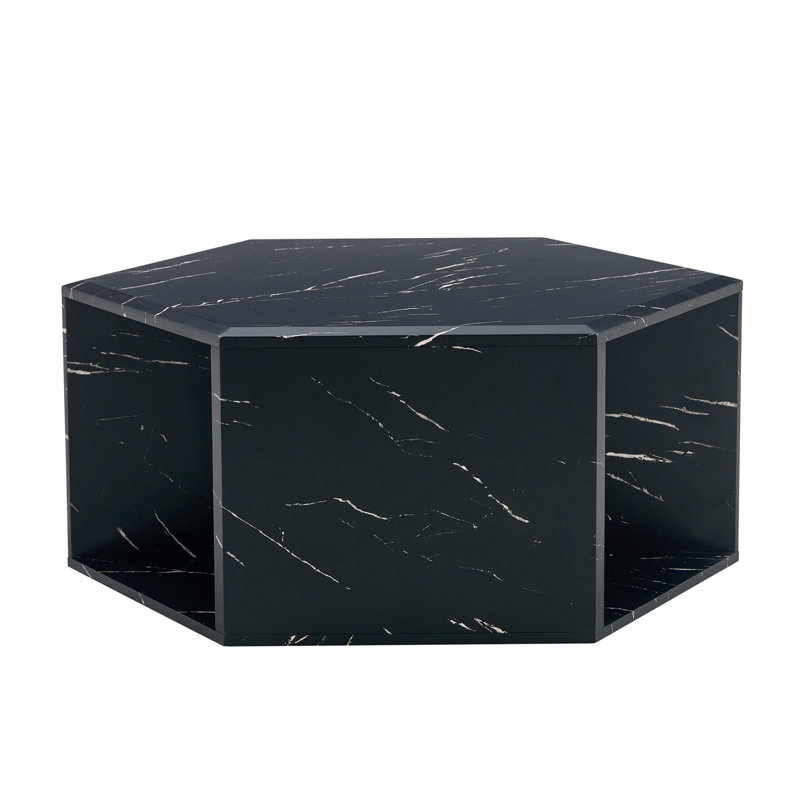 Hexagonal MDF Coffee Table, Characteristic Pattern Stickers, Black, 14" H x 31.5" L x 27" W