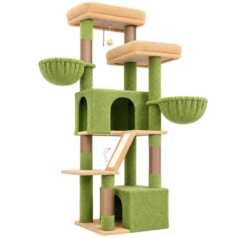 Arbre à chat 69 po pour 2-3 grands chats, tour à chat multi-niveaux avec condos, hamac et planche à gratter intégrée pour une escalade sans couture, vert