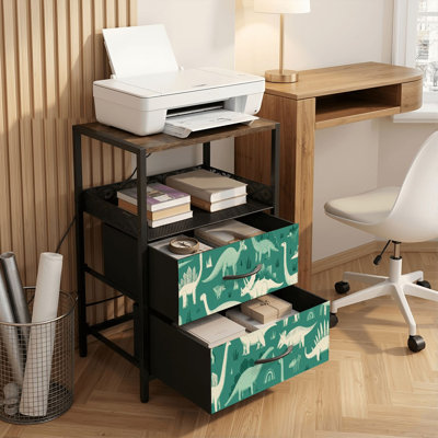 Table de chevet 2 tiroirs avec station de charge, table de chevet pour chambre avec ports USB et amp; Outlets Open Shelf Black, table de chevet avec impression de dinosaure mignon pour enfants, dessin de dinosaures