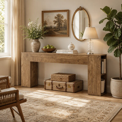 Console de 79 po de long, table d'entrée de style campagnard avec 2 tiroirs et tablettes latérales de rangement 79 po