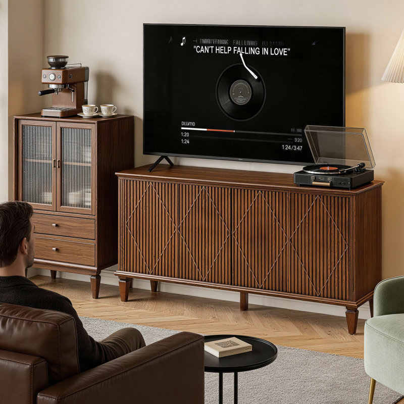 Meuble télé Mid-Century moderne avec rangement, meuble télé en bois 58 po avec portes à motif géométrique et pieds fuselés