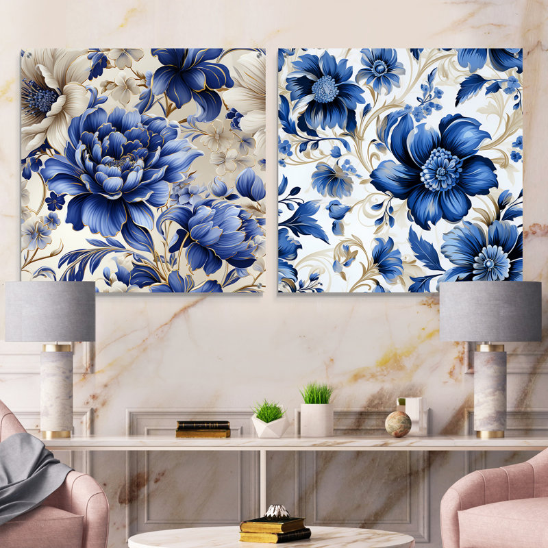 Cobalt Blue Victorian Intricacies Victorian Pattern - Floral Acrylic Wall Art Glass Set Of 2, 30" H x 61" W