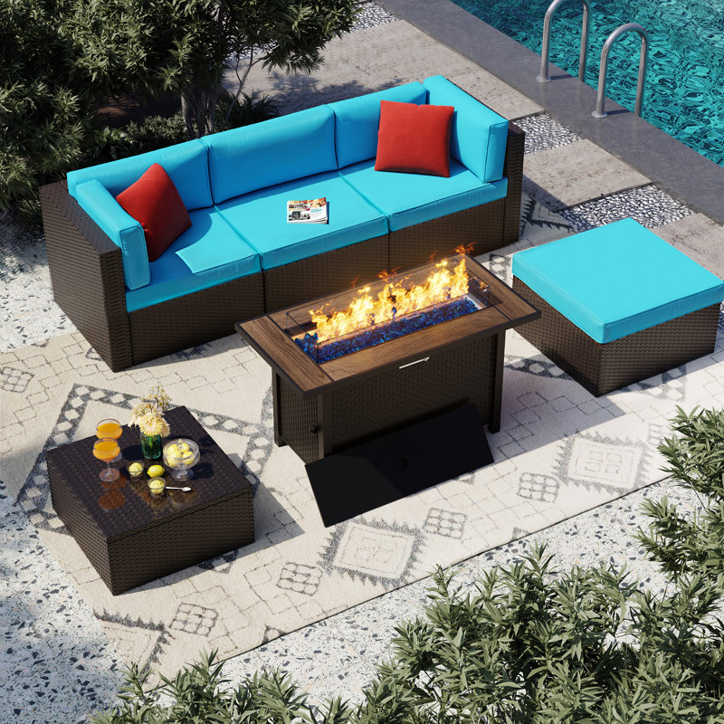 6-Piece Outdoor Rattan Patio Set with Fire Pit Table, Blue