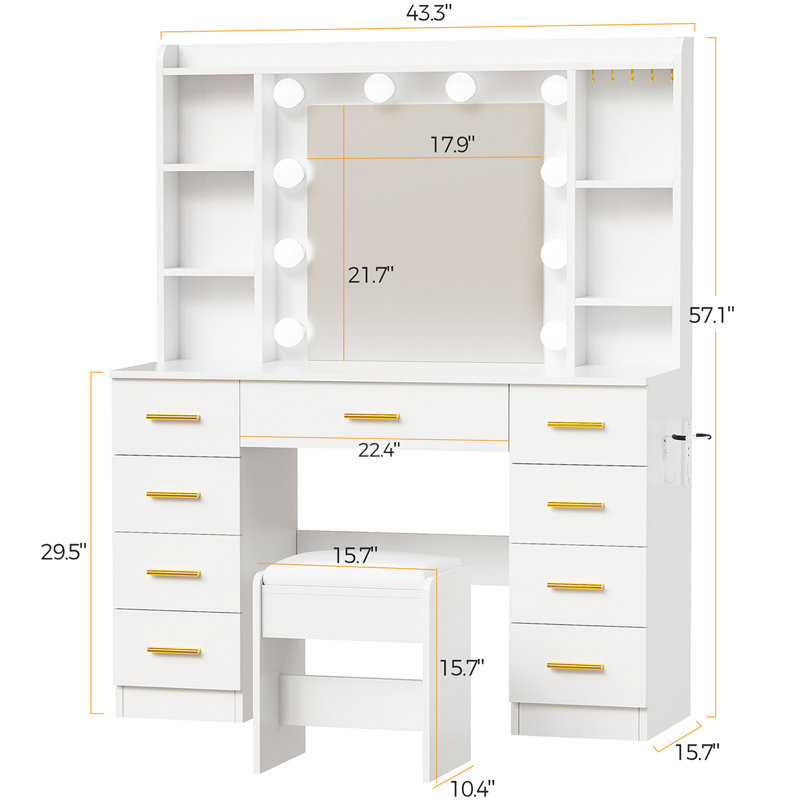 Makeup Vanity with Lights, 9 Drawers and Power Outlet