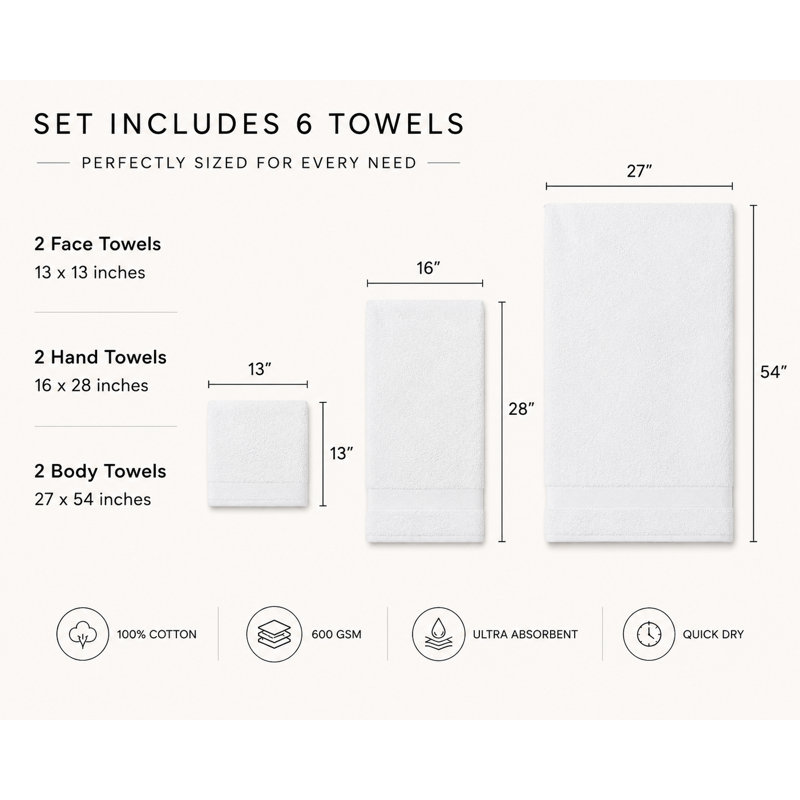 Ensemble de serviettes de bain 100% coton Domestique, 6 pièces très douces et absorbantes - 2 serviettes de toilette, 2 serviettes à main, 2 serviettes corporelles (blanc, 600 g / m²)