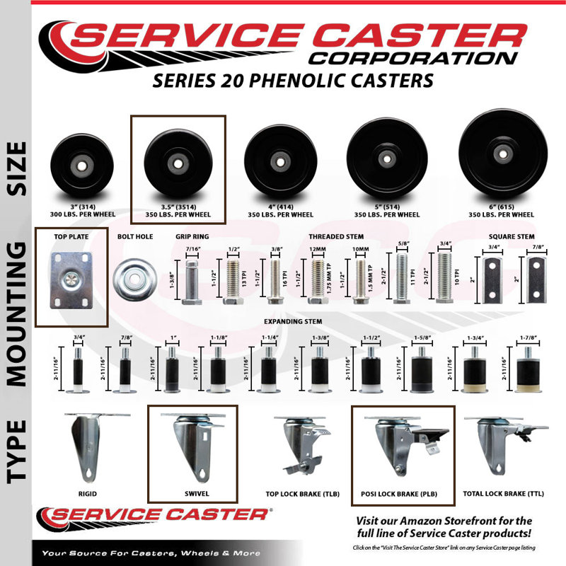 3.5 Inch Phenolic Wheel Swivel Top Plate Caster Set 2 Posi Brakes 2 Rigid SCC|SCC-20S3514-PHR-PLB-2-R-2