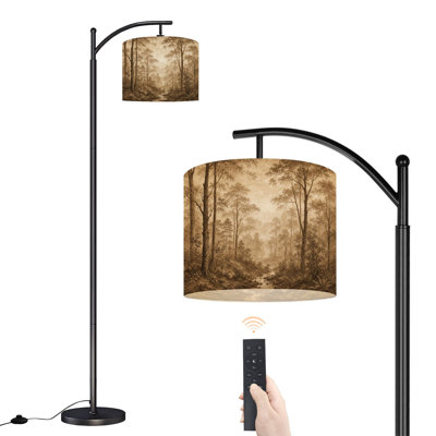  Lampe sur pied Arc, sépia, forêt, paysage, ruisseau, grands arbres, grande lampe sur pied moderne, abat-jour réglable en lin à 3 couleurs