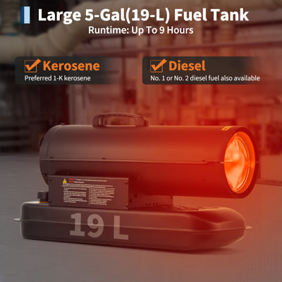 Chauffage d'appoint portatif à air pulsé au kérosène/diesel de 70 000 BTU, réservoir de 5 gallons avec thermostat, chauffage robuste pour garage, atelier, chantier, noir
