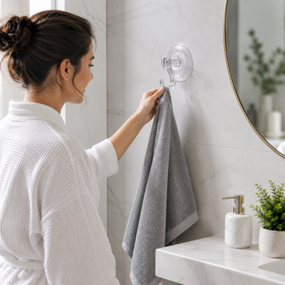 Heavy Duty Suction Cup Hooks 6 Pack - Transparent No-Drill Bathroom Organizer for Glass, Tile & Shower Walls