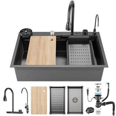 Évier de cuisine à simple cuve 33 po x 22 po, poste de travail noir en acier inoxydable 304 avec robinet cascade, affichage de la température à DEL, douchette rétractable, anti-condensation et réduction du bruit