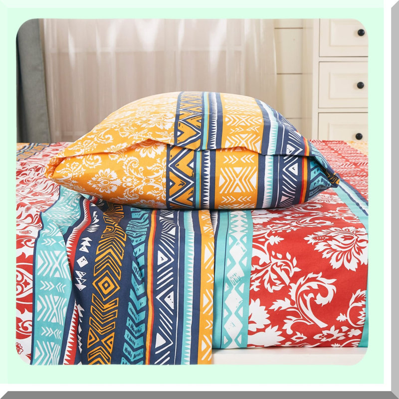 Boho Stripe Floral Microfiber Bed Sheet Set - Wrinkle & Fade Resistant Sheets with Deep Pocket & Pillowcases - Colorful Bohemian Print