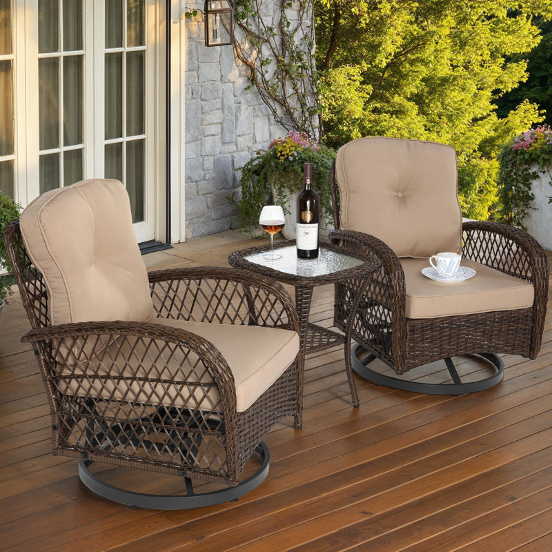 Ensemble de chaises berçantes d'extérieur 3 pièces avec osier résistant aux intempéries, Brun