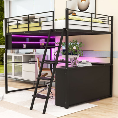 Loft Bed With Built-In Ladder, Desk, Storage Shelves And LED Lights