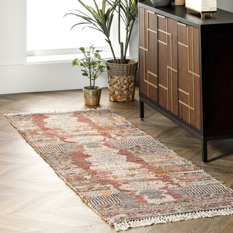 Rizer Southwestern Tasseled Handmade Flatweave Rust/Cream/Pink Rug, Runner 2' 6" x 8'