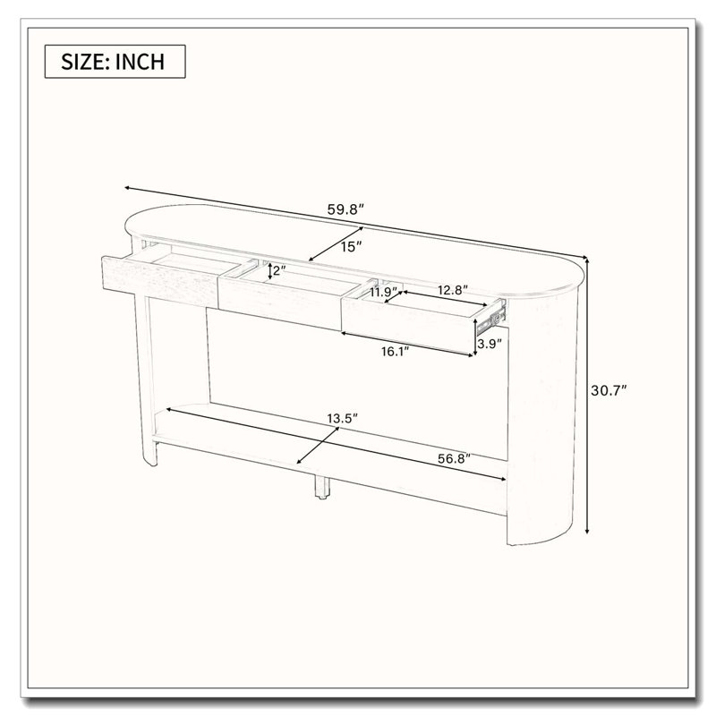 Console moderne 59,8 po avec 3 tiroirs, Marine