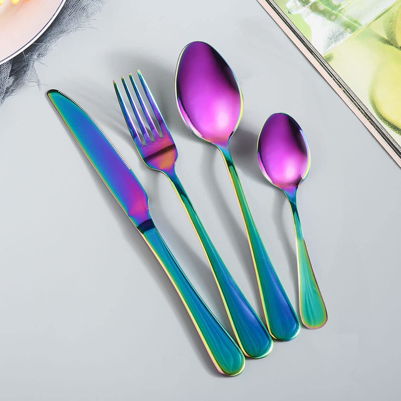 Stainless Steel 18/0 Tableware Flatware Set, 6 Person Set Rainbow Mirror 24-Piece,Including Table Knife,Dinner And Dessert Forks,Soup And Dessert Spoons.Dishwasher Safe.