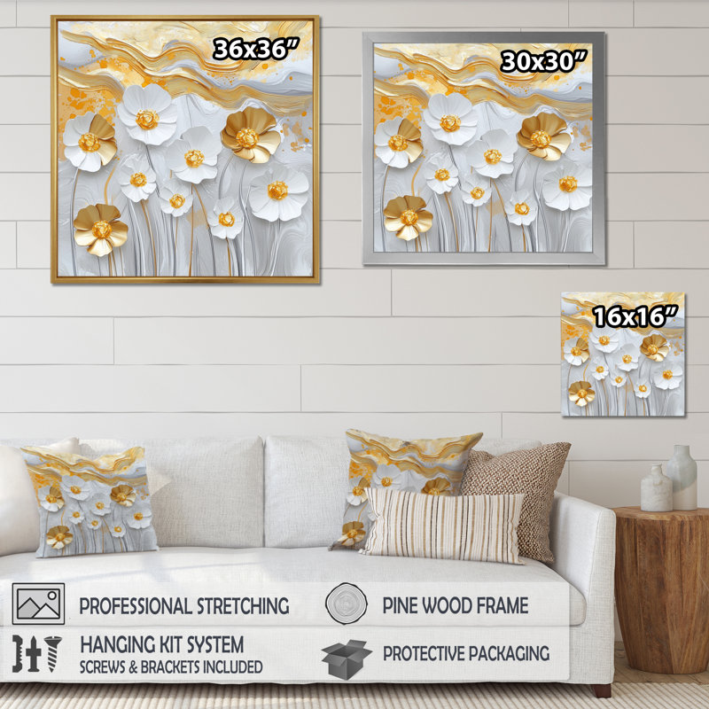 Glam Buttercups On Golden Geode - Art mural impression de renoncules, H 30 po x l 30 po, Reproduction encadrée, Blanc