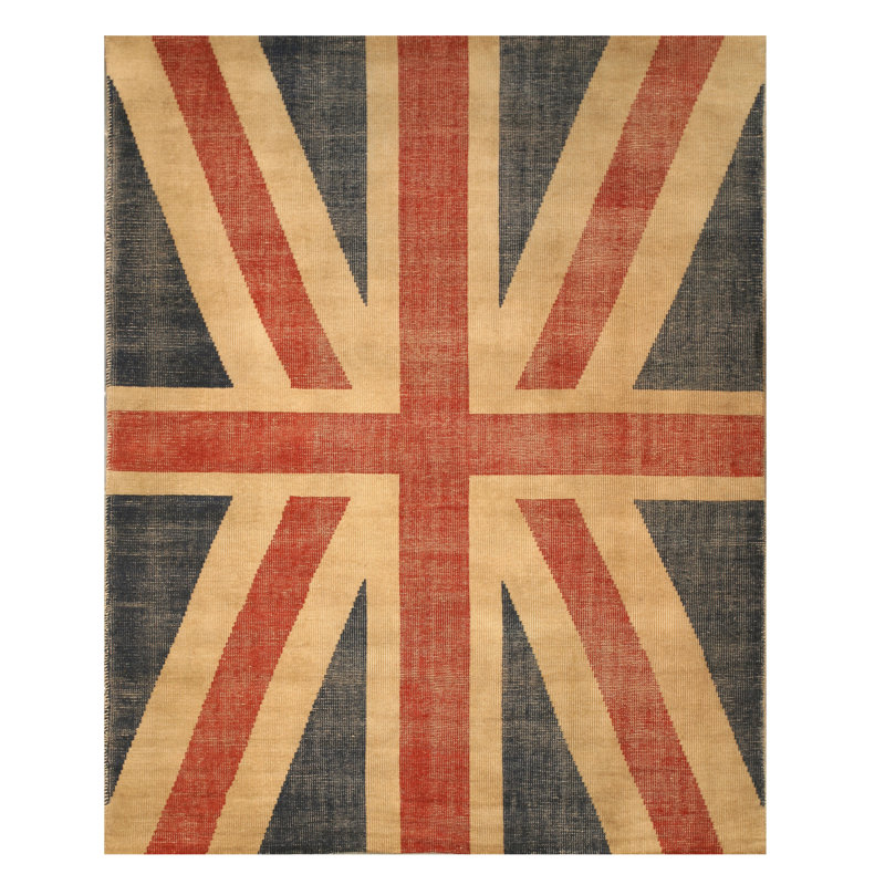 Tapis en laine noué à la main rouge / bleu / cuivre, Rectangle 5 pi x 8 pi