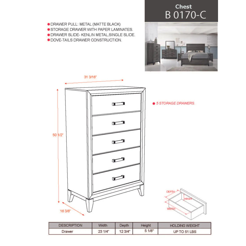 Ensemble de rangement de chambre à coucher contemporain 3 pièces avec commode à cinq tiroirs et deux tables de chevet au fini gris et noir