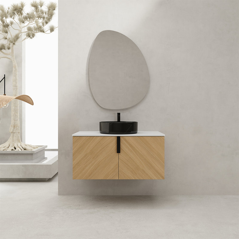 Meuble-lavabo 36 po avec lavabo d'art en céramique et dalle de pierre artificielle, Noir