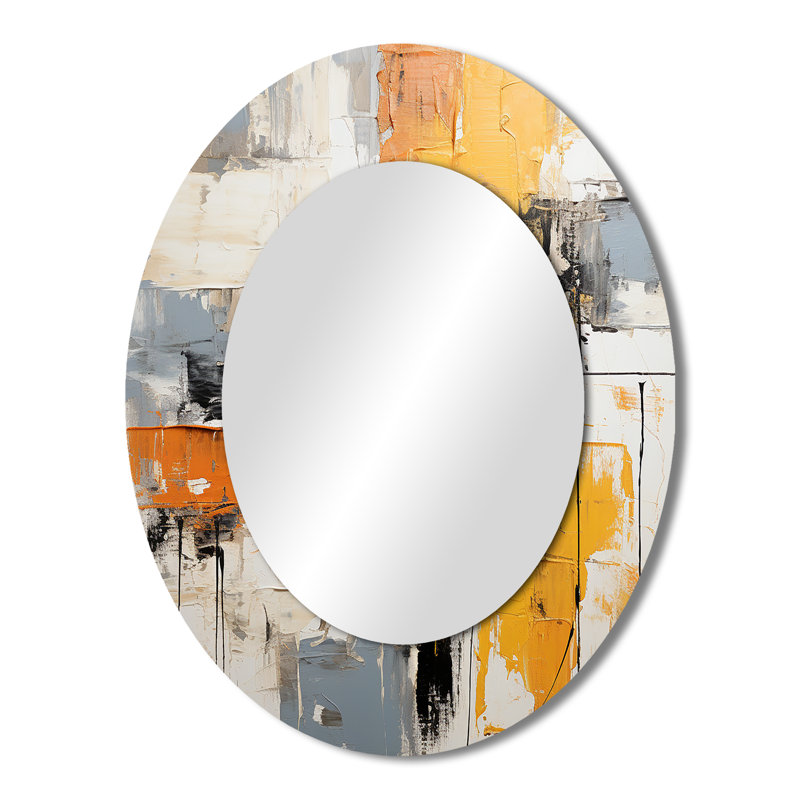 Abstrait collage jaune et noir II - grand miroir mural ovale sur métal, H 43 po x l 33 po