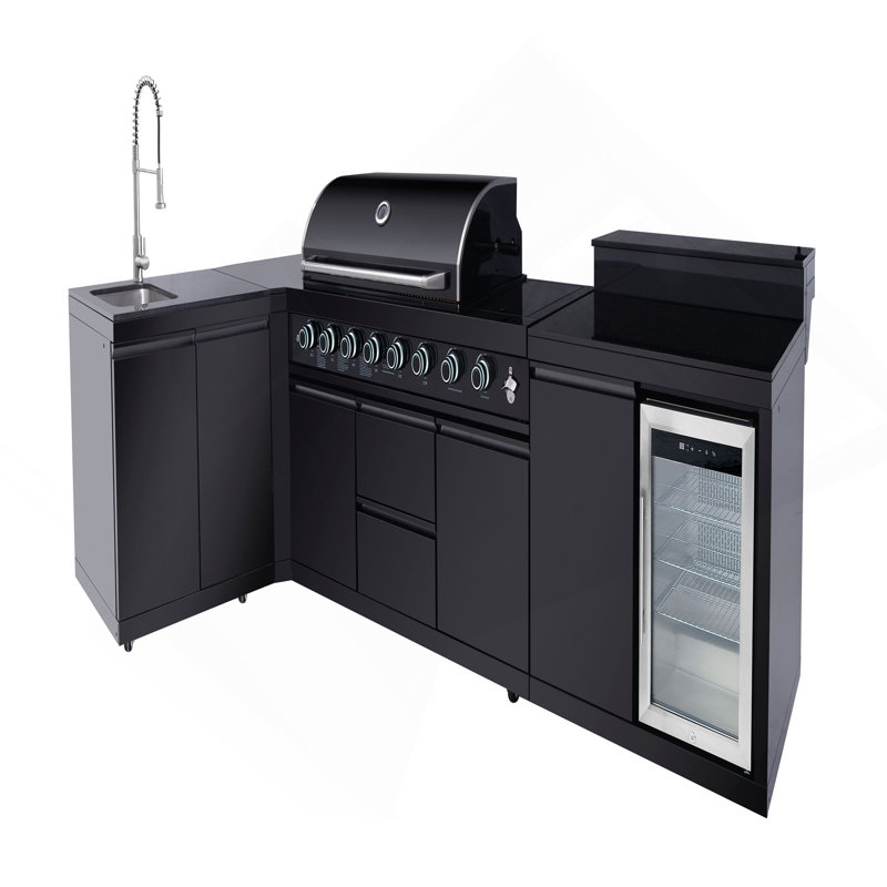 Îlot de cuisine extérieur 95,8 pouces 6 + 1 brûleur barbecue au gaz propane 95 500 BTU acier inoxydable 304 avec certification CSA, ETL + évier + réfrigérateur + table de bar