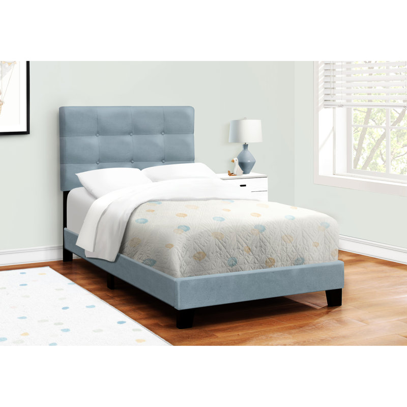 Lit simple avec housse en velours bleu et rembourrage en mousse pour un cadre confortable Taille pieds en plastique noir