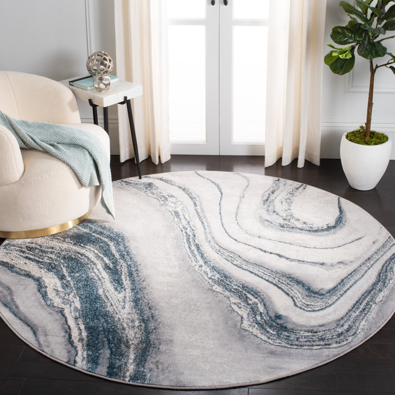 Shara Abstract Gray/Blue Area Rug, Round 6'7"