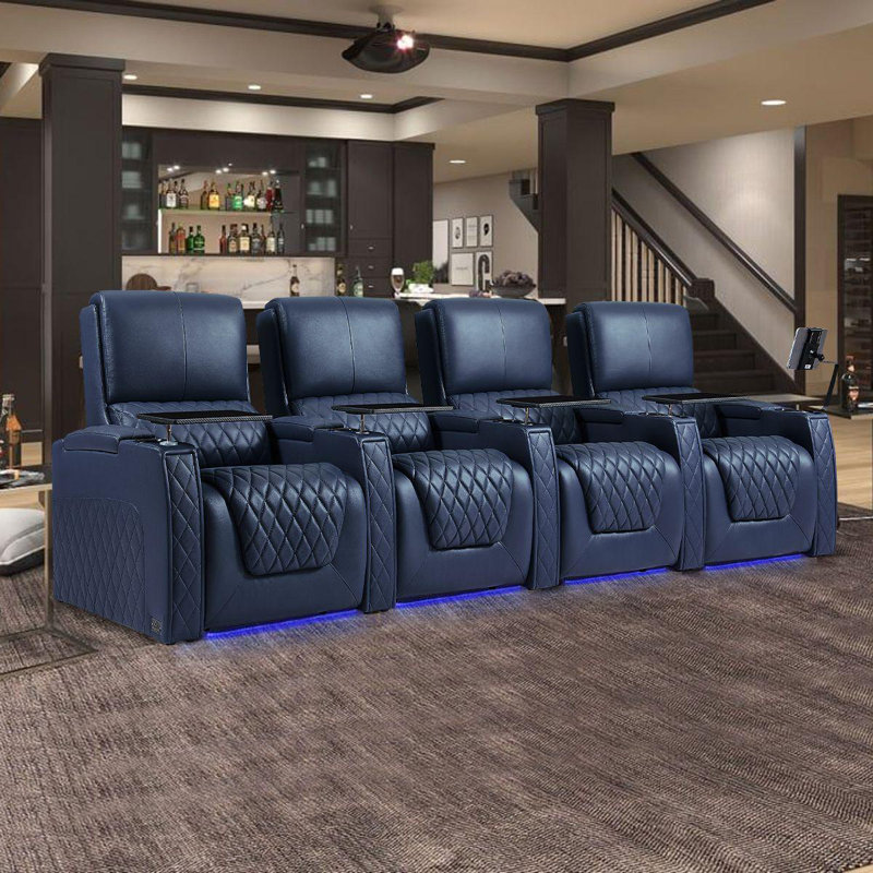 Leather Power Reclining Home Theater Seating with Cup Holder, Blue Genuine Leather