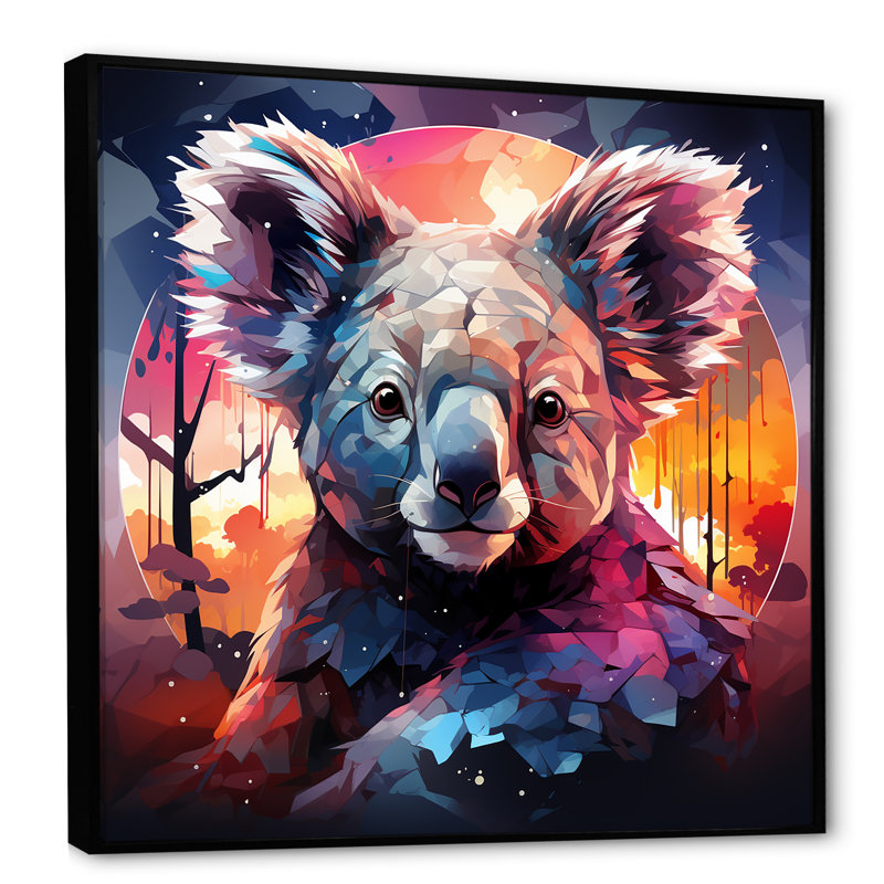 Koala Fiery Sunset III - art mural Koala, Cadre flottant noir, H 16 po x l 16 po x P 1 po